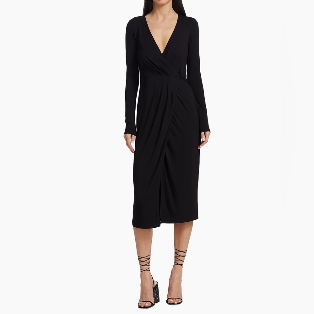 Good American Black Shimmer Long Sleeve Faux Wrap Midi Dress size M